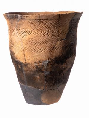 弥生時代中期の土坑墓15号から出土した弥生土器の甕です。口縁部と胴部の内外面には横羽状文を施します。