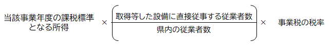 課税標準となる所得、かける、取得設備にかかる従業者数、わる、県内の従業者数、かける、事業税の税率