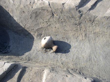 SZ191の周溝から出土した、胴部に孔が開けられた壺の出土状況写真