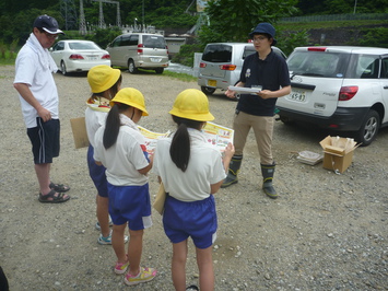 カワゲラウオッチングの説明(宮川小学校)