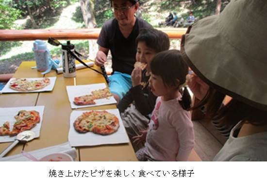 焼き上げたピザを楽しく食べる様子